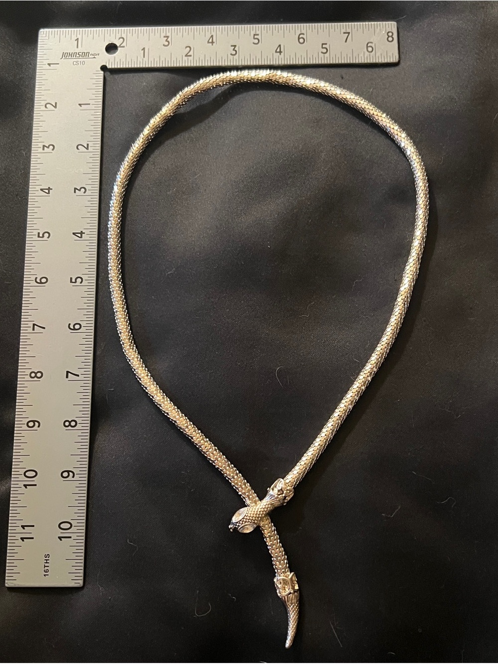 Vtg Silver Chainmail Snake Mesh Necklace Crystal Eyes Adjustable Lariat Serpent - Picture 7 of 10